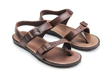 Naklejka premium A pair of stylish comfort brown female sandals against a clean white background