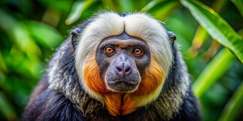 Fototapeta premium A white-faced saki monkey with piercing eyes and vibrant fur peers intently into the camera, showcasing its mesmerizing gaze in a lush rainforest setting.