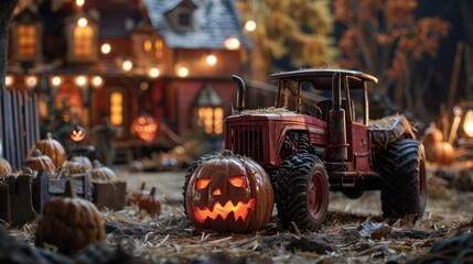 Red toy tractor parked in front of a jack-o-lantern with a spooky Halloween village in the background.