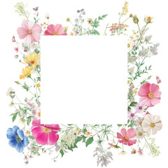 watercolor floral frame with a variety of colorful wildflowers,Rectangle botanical border,ideal for wedding invitations or greeting cards.