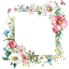 watercolor floral frame with a variety of colorful wildflowers,Rectangle botanical border,ideal for wedding invitations or greeting cards.
