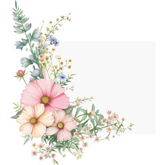 watercolor floral frame with a variety of colorful wildflowers,Rectangle botanical border,ideal for wedding invitations or greeting cards.
