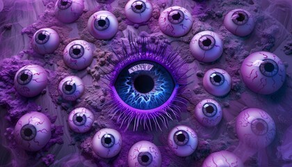 Creepy glowing blue eye surrounded by numerous small purple eyeballs