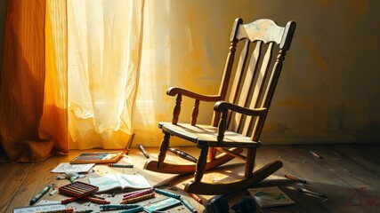 A child's worn, wooden rocking chair sits empty, surrounded by remnants of crayons and coloring books, amidst a