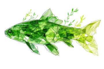Striking geometric illustration of a green fish outline swimming gracefully