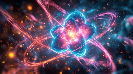 Isotopic alterations occur in atomic nuclei during nuclear fission, showcasing energy exchange and transformation in an abstract cosmic setting filled with vibrant colors.
