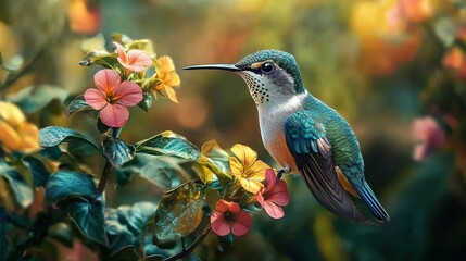 Fototapeta premium A Vivid Hummingbird Perched Amongst Pink and Yellow Flowers