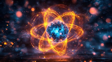 Obraz premium Energy burst from atomic nuclei during nuclear fission with particles scattering in all directions in a vibrant, dynamic cosmic background