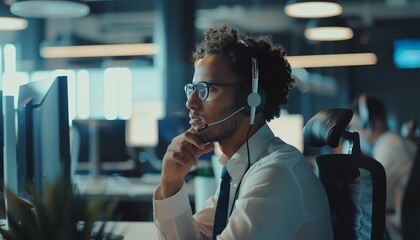Contemplative it professional wearing headset works at his desk
