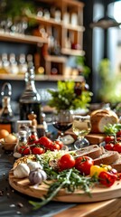 Fototapeta premium Fresh Seasonal Ingredients in a Farm to Table Restaurant Setting with Rustic Wooden Accents
