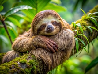 Fototapeta premium Adorable brown sloth snoozes peacefully on a thick tree branch, its soft fur blending with the moss, surrounded by lush green leaves in a serene forest.