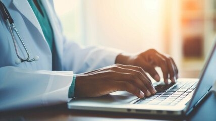 Fototapeta premium Doctor typing on laptop while wearing stethoscope during work.