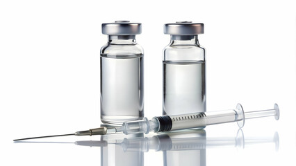 Medical equipment used for administering injections, including a syringe and two vials.