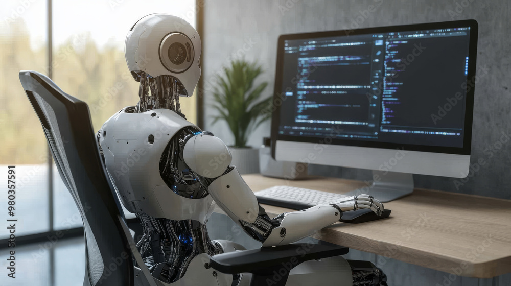 Poster 3d robot woman with ai using a computer at a desk. a cyborg girl seated in a chair at a powerful des