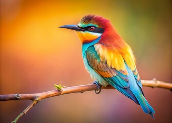 Obraz premium Colorful bird with soft plumage perches on a branch against a gentle, pale-hued background, providing ample copy space for text or design elements.