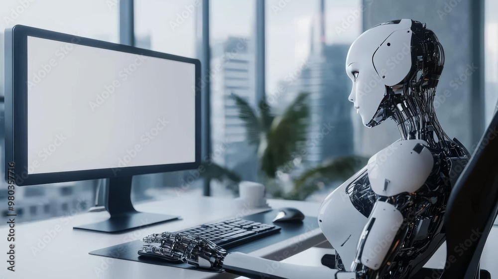 Poster 3d robot woman with ai using a computer at a desk. a cyborg girl seated in a chair at a powerful des