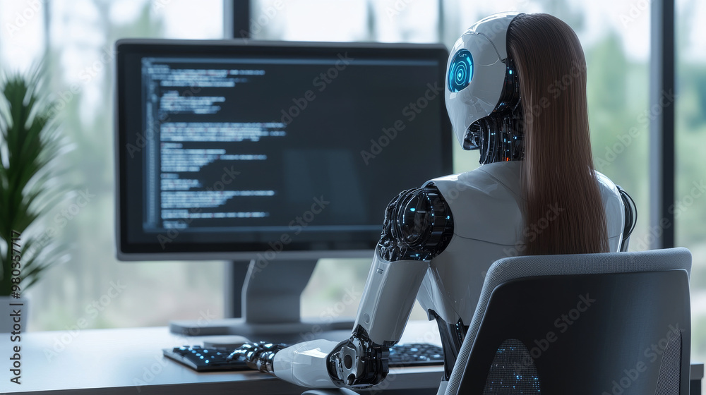 Poster 3d robot woman with ai using a computer at a desk. a cyborg girl seated in a chair at a powerful des