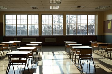 Naklejka premium A vacant classroom bathed in sunlight, where orderly desks reflect the solitude of missing students.