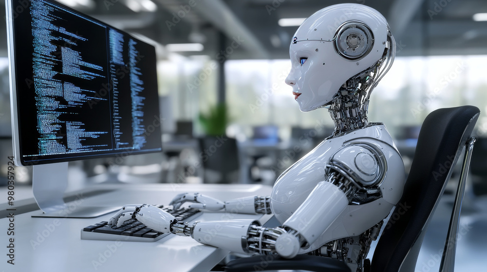 Poster 3d robot woman with ai using a computer at a desk. a cyborg girl seated in a chair at a powerful des