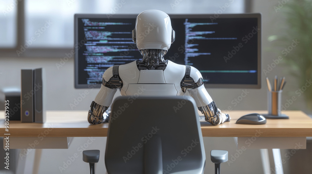 Poster 3d robot woman with ai using a computer at a desk. a cyborg girl seated in a chair at a powerful des