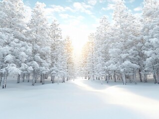 A serene winter landscape featuring snow-covered trees and a gentle sunlight filtering through the forest, creating a peaceful atmosphere.