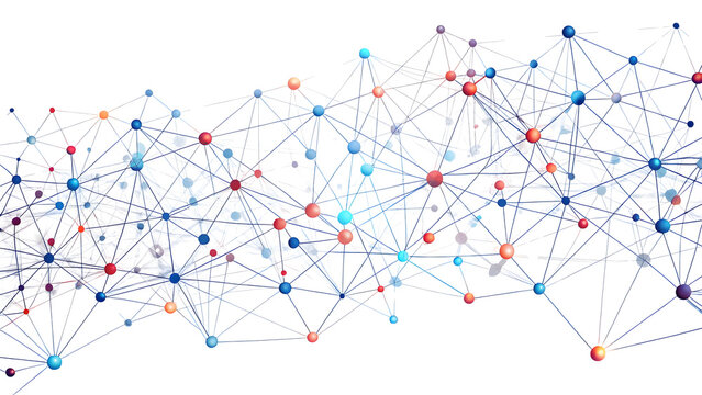 An intricate network of nodes and connecting lines symbolizing connectivity, on white background.