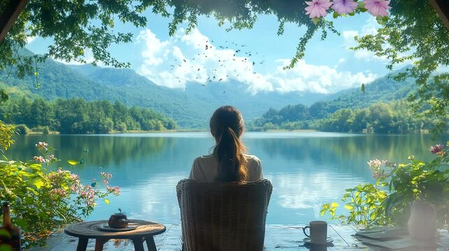 A woman sitting on a chair by the lake, admiring a scenic mountain view. Seamless looping time-lapse video background