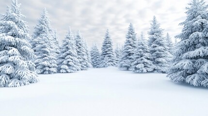 Naklejka premium A serene winter landscape featuring snow-covered trees under a cloudy sky, perfect for seasonal and nature visuals.