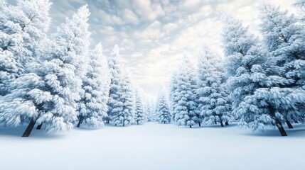 Fototapeta premium A serene winter landscape featuring snow-covered trees under a soft, cloudy sky, evoking a peaceful and calm atmosphere.