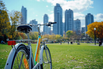 Fototapeta premium Bicycle parked in a city park with a view of a modern skyline in the background, offering a mix of urban lifestyle and outdoor leisure