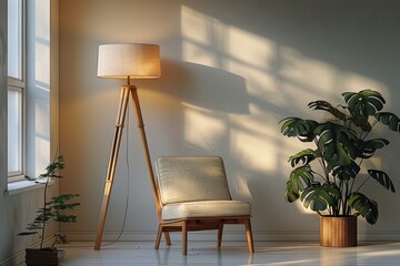 Bright room with an armchair, floor lamp and indoor plant by the window