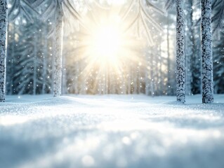 A serene winter scene with sunlight filtering through snow-covered trees, creating a magical atmosphere in a snowy landscape.