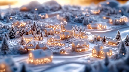 A serene winter village scene featuring snow-covered houses and glowing lights, creating a cozy holiday atmosphere.