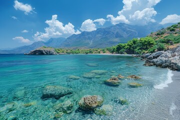 Fototapeta premium pond with rocky shores and forest landscapes