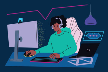 Vector illustration of girl gamer with headset playing computer video game with keyboard and mouse, laptop and pc. Flat cartoon style. Streaming, online gaming, esports, and tech setup themes © Elena