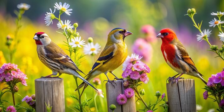 Vibrant Eurasian Siskin, Common Linnet, and European Goldfinch perched on a rustic wooden fence amidst lush green foliage and colorful wildflowers on a sunny day.