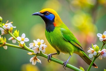 Fototapeta premium Vibrant Golden-fronted Leafbird with bright yellow forehead and orange belly perched on blossoming tree branch against soft green hazy background showcasing nature's beauty.