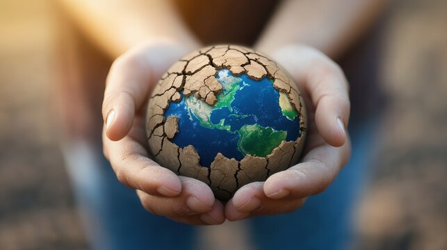 A person holds a cracked earth globe, symbolizing environmental issues and the urgent need for global sustainability.