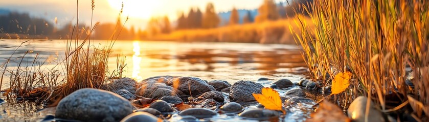 Serene lakeside view at sunset with golden light illuminating water and colorful autumn leaves on rocks.