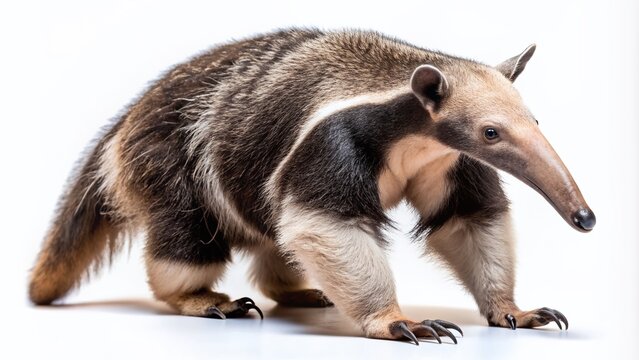Adorable anteater with distinctive snout and claws stands upright on white background, showcasing its unique features in high-contrast, visually striking isolation.