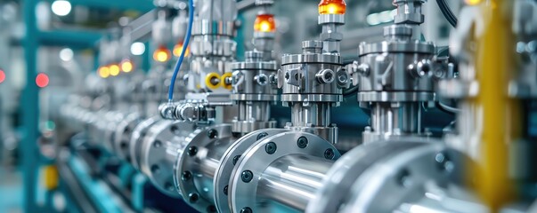 Close-up of industrial valves and pipes with lit indicators in a modern factory setting, showcasing manufacturing technology.