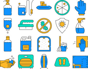 Sanitation Accessories Collection Icons Set Vector. Sanitation Equipment And Tool, Anti-virus Protection Brush Glove, Disinfection Spray Liquid color Contour Illustrations