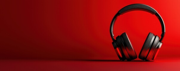 Gaming headphones on dark red background, immersive experience, 3D illustration