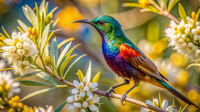 Vibrant Palestinian sunbird perches on a blooming olive branch, its iridescent feathers glistening in the sunlight, amidst a lush landscape of Israeli flora.