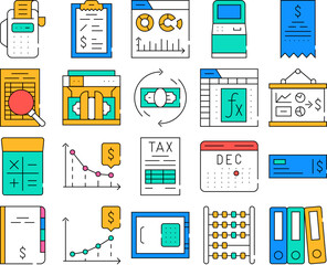 Accounting And Finance Collection Icons Set Vector. Accounting Business, Financial Report With Growth And Falling Revenue Infographic, Tax And Money color Contour Illustrations