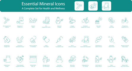 Zinc Supplement, Magnesium Powder Jar, Calcium Tablet, Iron Supplement, Selenium Dropper, Copper Mineral Bar, Potassium Supplement Packet, Silica Skin Cream, Sulfur Face Mask vector icon set