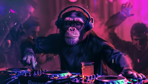 Chimpanzee in headphones and glasses deejaying at a nightclub