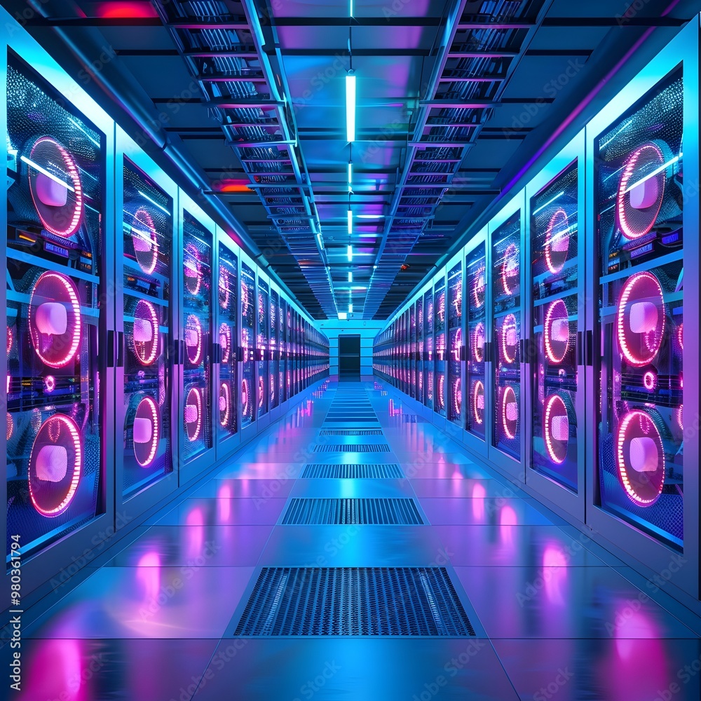 Poster futuristic blockchain cryptocurrency mining farm with powerful computers and cooling systems