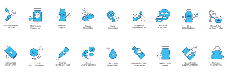 Zinc Supplement, Magnesium Powder, Selenium Dropper, Copper Mineral Bar, Sulfur Face Mask, Phosphorus Supplement Pill, Bentonite Clay Mask, Silver Colloidal Solution, Mineral-Rich vector iccon set