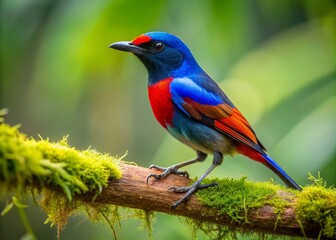 Obraz premium Vibrant Cebu Flowerpecker perches on a moss-covered branch in a lush forest, its iridescent plumage and delicate features showcased in a stunningly detailed natural setting.